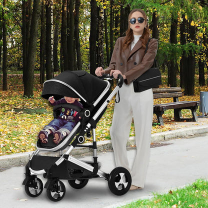 Kinder King 2 in 1 Convertible Baby Stroller, Folding High Landscape Infant Carriage, Newborn Reversible Pram, Adjustable Canopy, Diaper Bag, Pink
