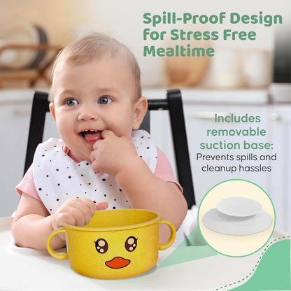 Unbreakable Bowls for Babies & Toddlers with Spoon and Lid, Eco-Friendly Wheat Straw, Stay Put Suction, BPA-Free, Microwave & Dishwasher Safe, Lightweight, No Soap Taste (Blue&White)