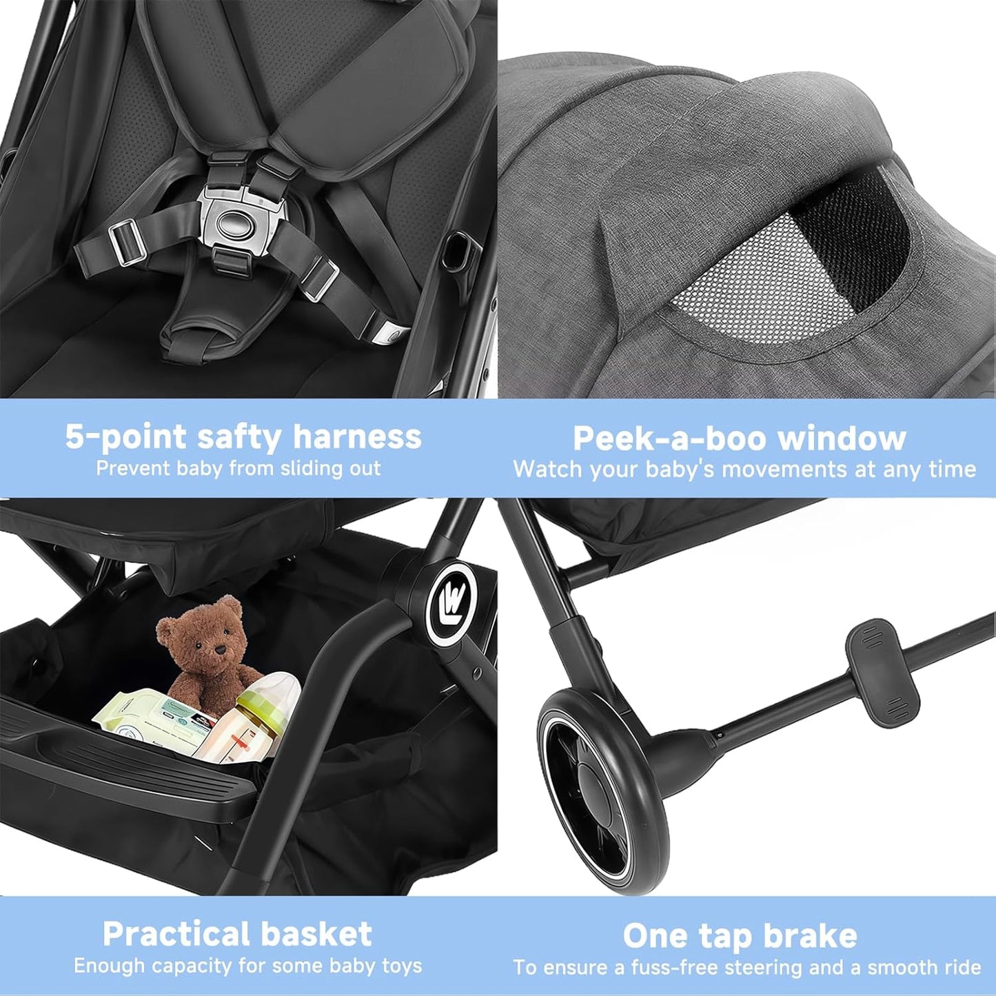 Rollingsurfer Lightweight Baby Stroller, Compact Travel Stroller with Retractable Foot Cover & Sleep Shade, One Hand Fold Stroller, Toddler Pushchair Adjustable Seat for Airplane 0-36 Months