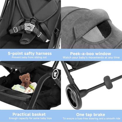 Rollingsurfer Lightweight Baby Stroller, Compact Travel Stroller with Retractable Foot Cover & Sleep Shade, One Hand Fold Stroller, Toddler Pushchair Adjustable Seat for Airplane 0-36 Months
