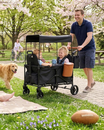 2-in-1 Wagon Stroller for Two Kids – Foldable Push & Pull All‑Terrain Wagon with Canopy, 5‑Point Harnesses, 2-in-1 Storage Bag (Converts to Shoulder Bag), Lightweight, Compact – Black