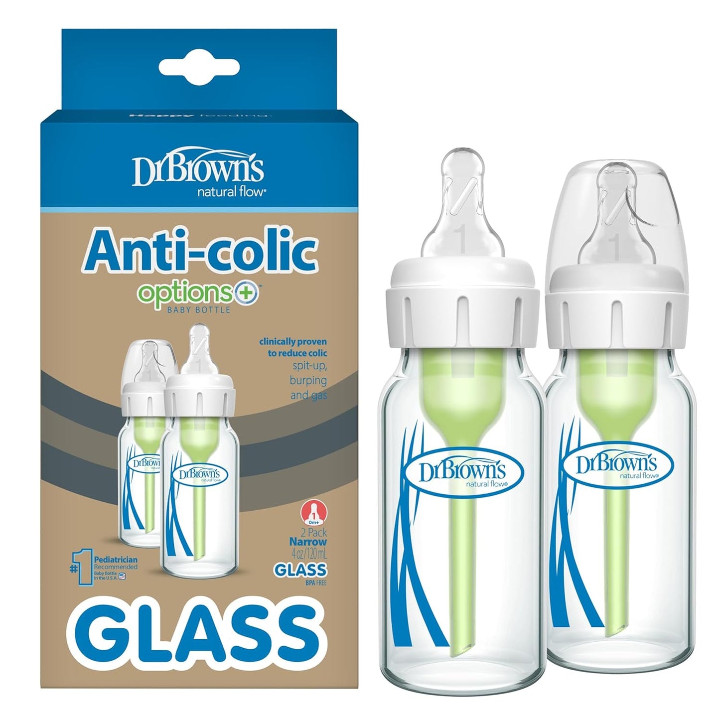 Dr. Brown's Anti-Colic Options+ Narrow Glass Baby Bottle with Level 1 Slow Flow Nipple, BPA-Free, 8 oz/250 mL, 0m+, 4-Pack (Packaging May Vary)
