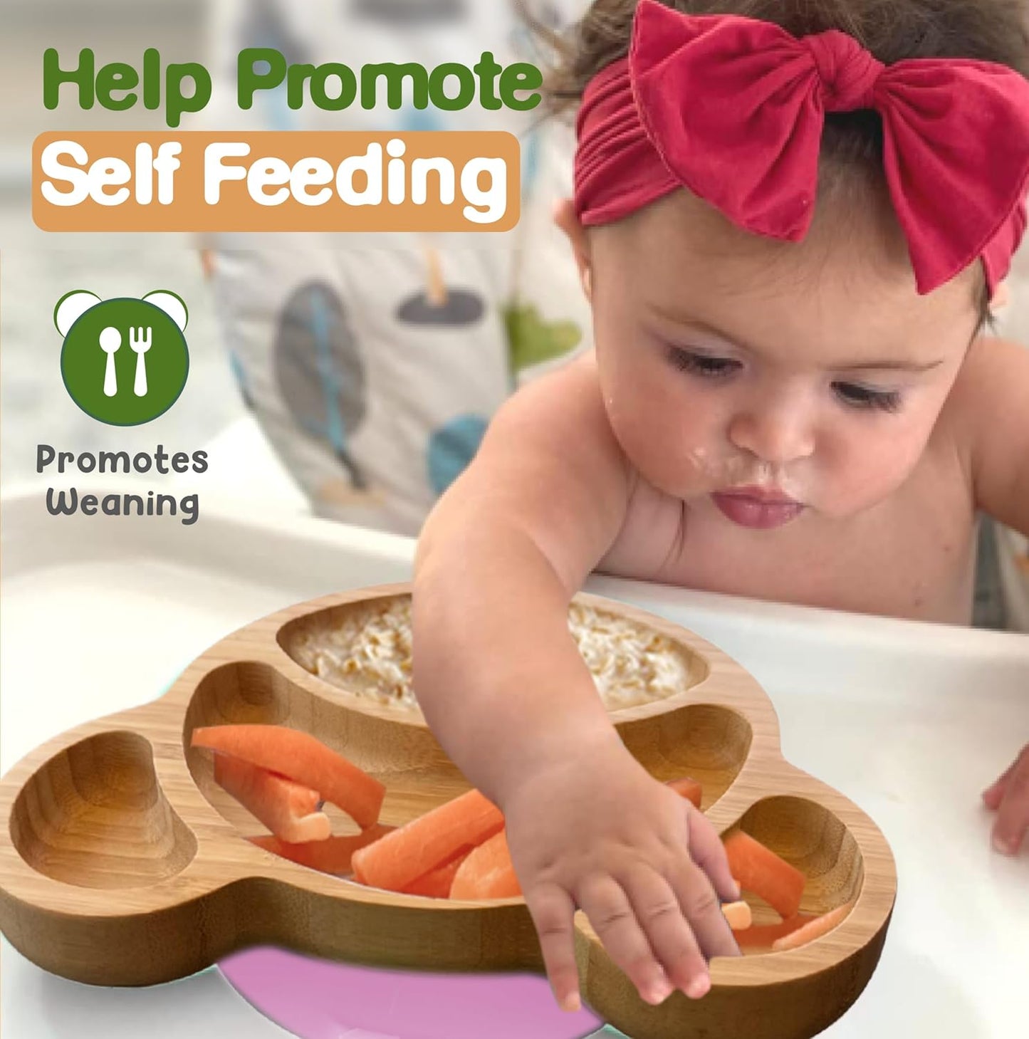Bamboo Plates for Kids - Baby & Toddler Plates with Suction for Feeding & Weaning, Eco-Friendly Bear Design Promotes Self-Feeding, Ideal for Busy Moms & Dads, Sturdy & BPA-Free (Pink)