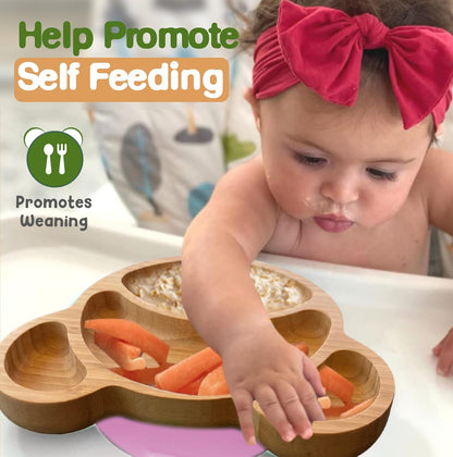 Bamboo Plates for Kids - Baby & Toddler Plates with Suction for Feeding & Weaning, Eco-Friendly Bear Design Promotes Self-Feeding, Ideal for Busy Moms & Dads, Sturdy & BPA-Free (Pink)