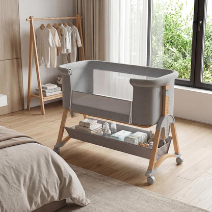 5-in-1 Baby Bassinet Bedside Sleeper with Swing Tube Converts to Cradle, Baby Crib with Mattress, Detachable Diaper Changer, Mosquito Net and Toy - Black
