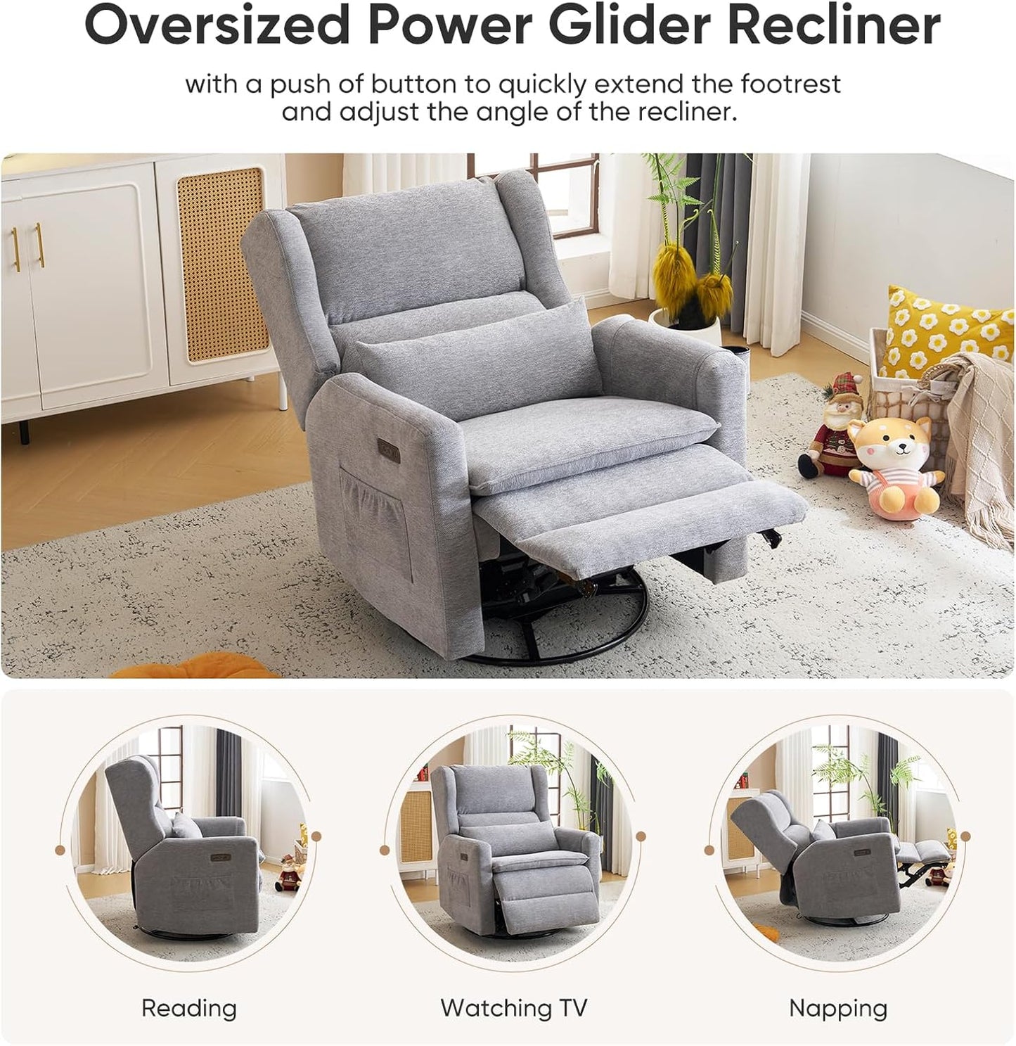 Large Glider Rocker Recliner,Rocking Chair Nursery with Adjustable Headrest,Swivel Rocker Recliner with Lumbar Support,Manual Nursery Rocker Recliner for Living Room& Bedroom,Chenille White