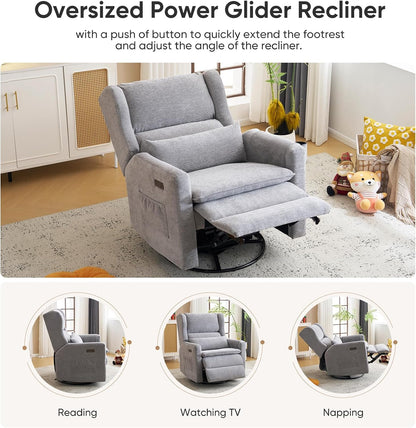 Large Glider Rocker Recliner,Rocking Chair Nursery with Adjustable Headrest,Swivel Rocker Recliner with Lumbar Support,Manual Nursery Rocker Recliner for Living Room& Bedroom,Chenille White