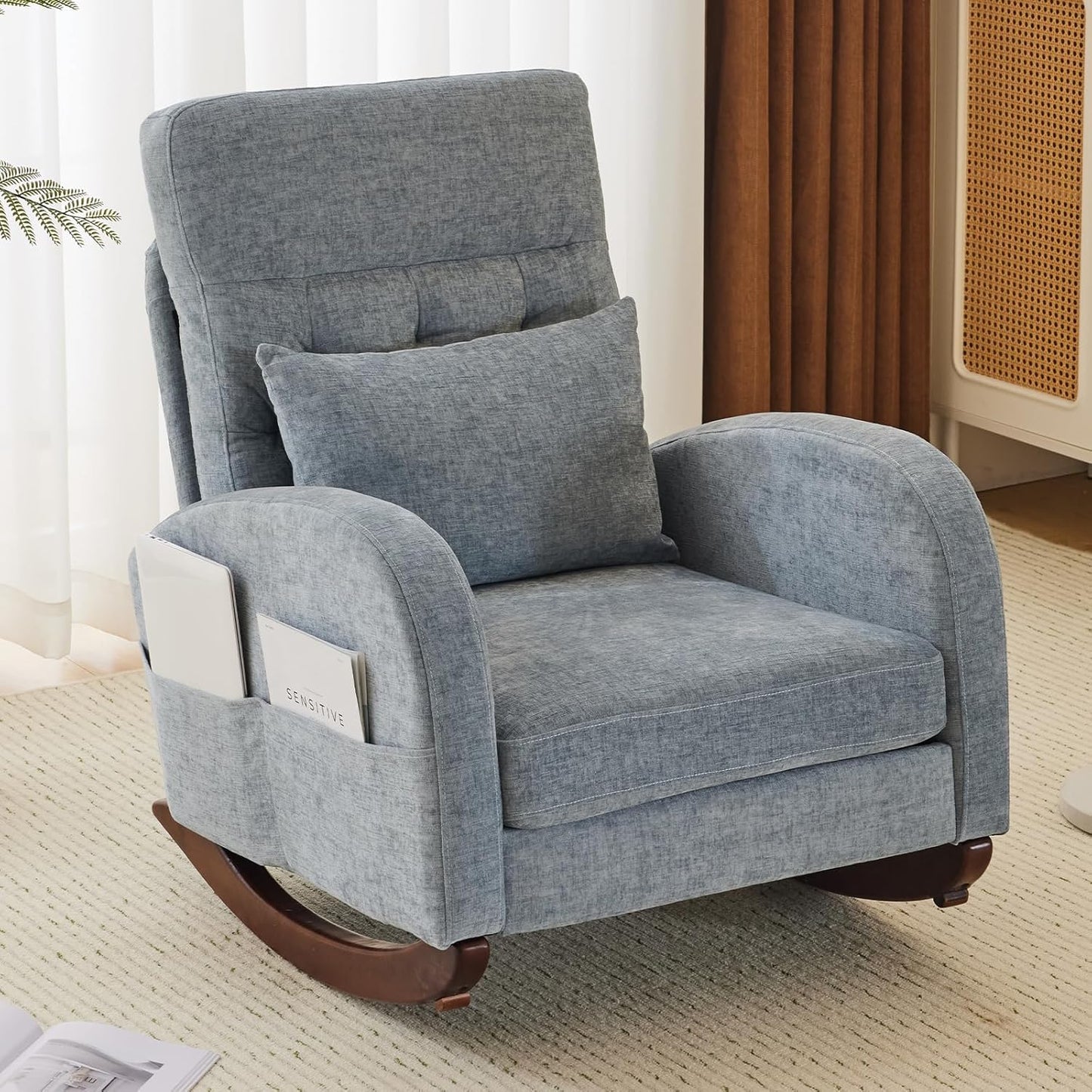 VINGLI Teddy Fleece Low Seat Rocking Chair,Boucle Upholstered Nursery Glider Chair with Side Pockets,Accent Arm Chair with High Backrest,Comfy Head Rest,Solid Wood,For Living Room Bedroom Balcony,Pink