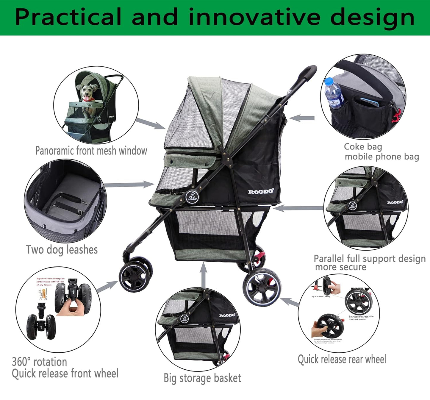 ROODO 3 Wheel Dog Pet Cat Stroller Best Lightweight Foldable Compact Portable Jogger All Terrain Travel Pet Gear Puppy Kitty Stroller for up to 30lbs Medium Small Dogs and Cats(Light Khaki)
