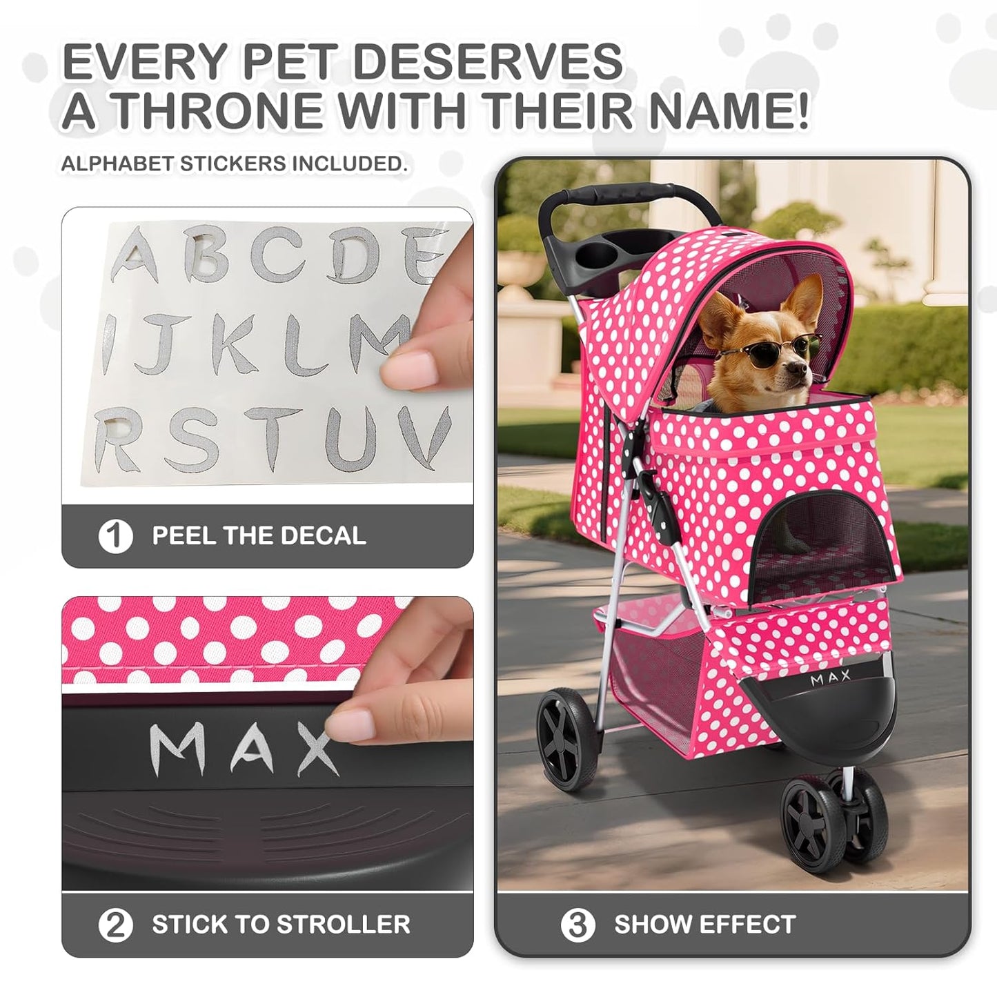 MoNiBloom Foldable Pet Stroller with Weather Cover, 3 Wheels Pet Strolling Cart for Small/Medium Dogs and Cats with Storage Basket and Cup Holder, Breathable and Visible Mesh for All-Season, Black