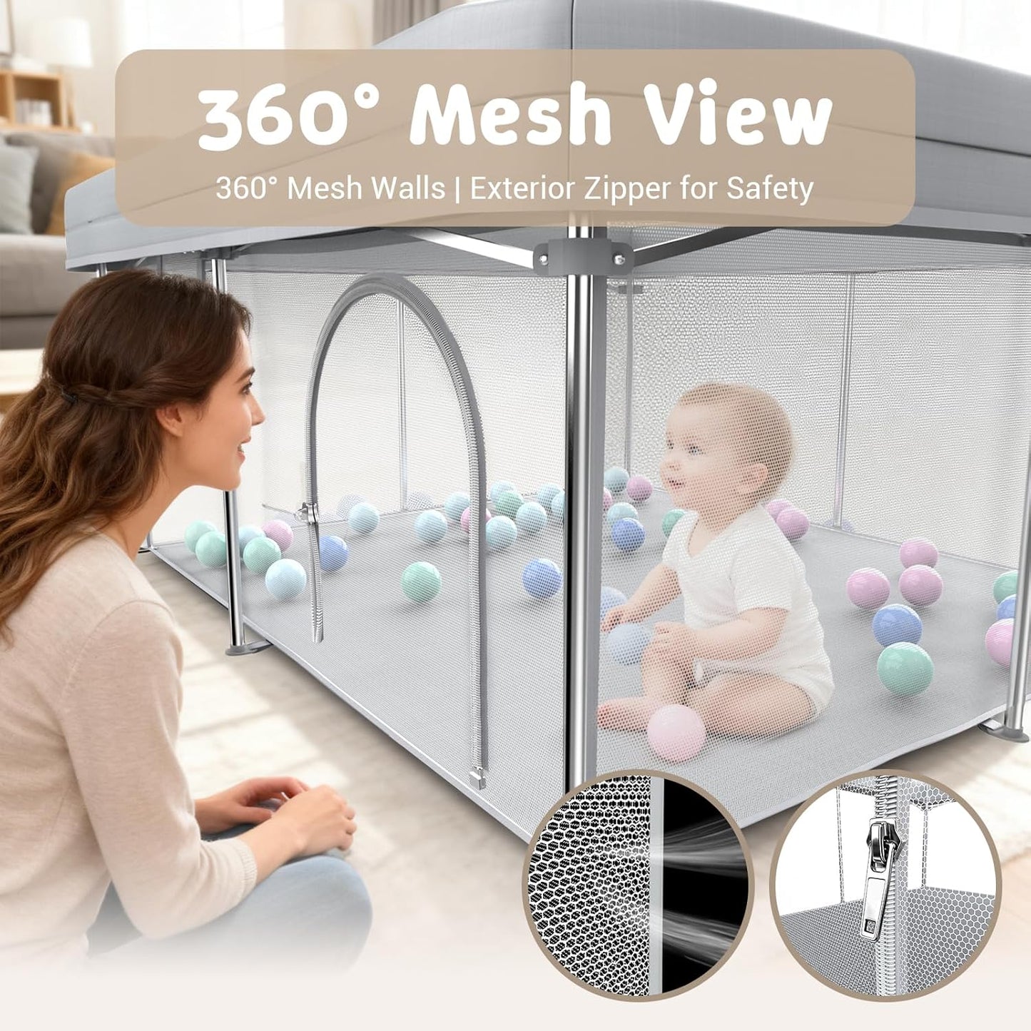 Foldable Baby Playpen, 50"×50" Collapsible Play Yard for Babies and Toddlers, No Assembly Required, Kids Safety Play Area with 4 Handles, 50 Balls and Visible Mesh, Black