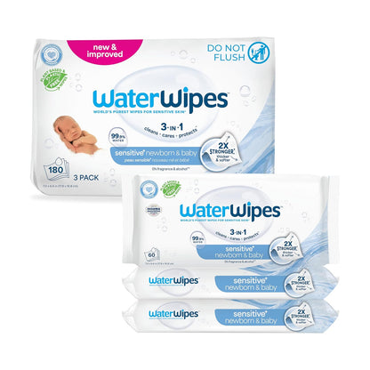 WaterWipes Sensitive+ Newborn & Baby Wipes, 3-In-1 Cleans, Cares, Protects, 99.9% Water, Unscented & Hypoallergenic, 720 Count (12 Packs)