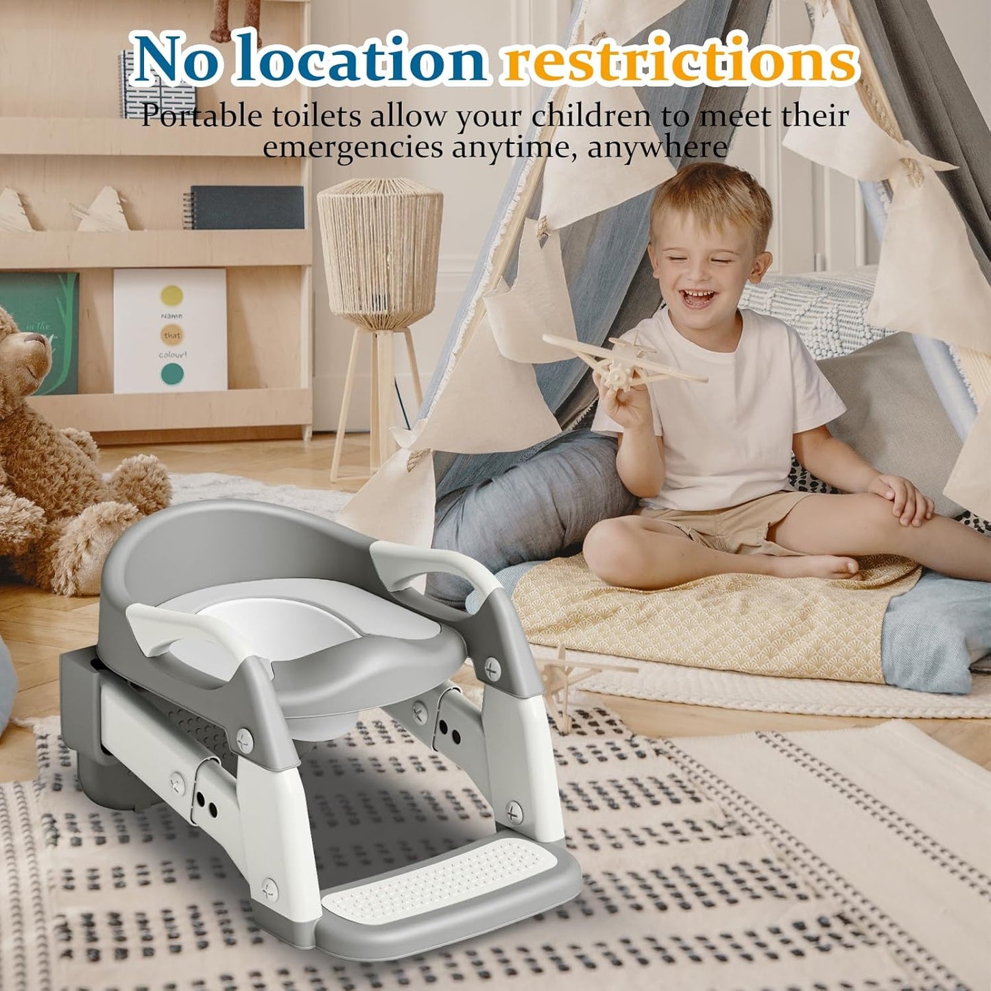Potty Training Seat 3-in-1 Toddler Toilet Ladder (Toilet, Ladder, Squatting Aid) for Children Boys Girls with Removable Cushion, Anti-Splash & Foldable Design - Grey
