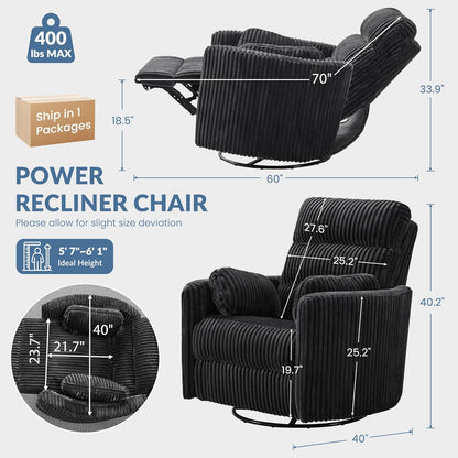 GRAINELL Oversize Power Swivel Recliner, 40in Wide Electric Glider Rocking Chair with Headrest Adjustment, USB Port, 270° Swivel, Rock 30° – for Living Room, Nursery, Black (5" 7' to 6" 1' Height)