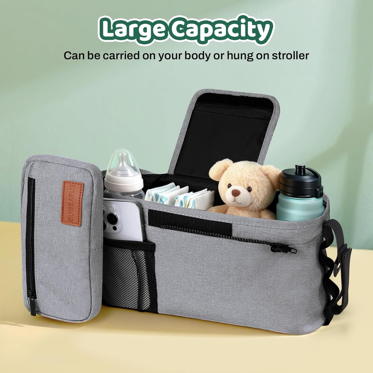 Guiseapue Universal Stroller Organizer with Cup Holder: Stroller Caddy Accessories with Detachable Phone Bag Fit for Uppababy, Non-Slip Straps, Walker Accessories, First Mothers Day Gifts for New Mom