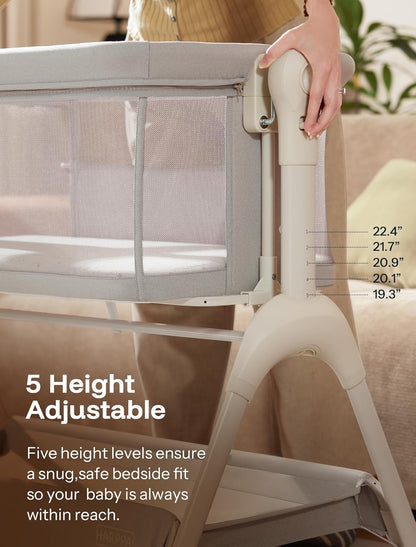 HARPPA Cuddly Sway Baby Bassinet Bedside Sleeper, 3 in 1 Rocking Bassinet with Mattress and Soft Cover, Full Mesh Sides, 5 Height Adjustable with Wheels for Newborns, Beige