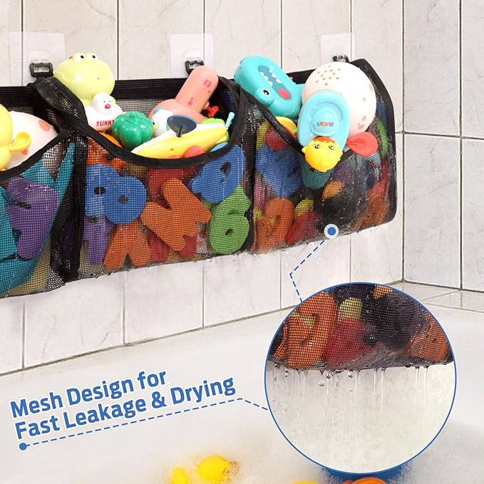 Goowin Bath Toy Storage, Bath Toy Holder, 3 Compartment Large Openings Bath Toy Organizer, Large Capacity Bath Tub Toy Holder, Kids Bathtub Toy Storage For Accessing & Sorting Toys (Black, Regular)