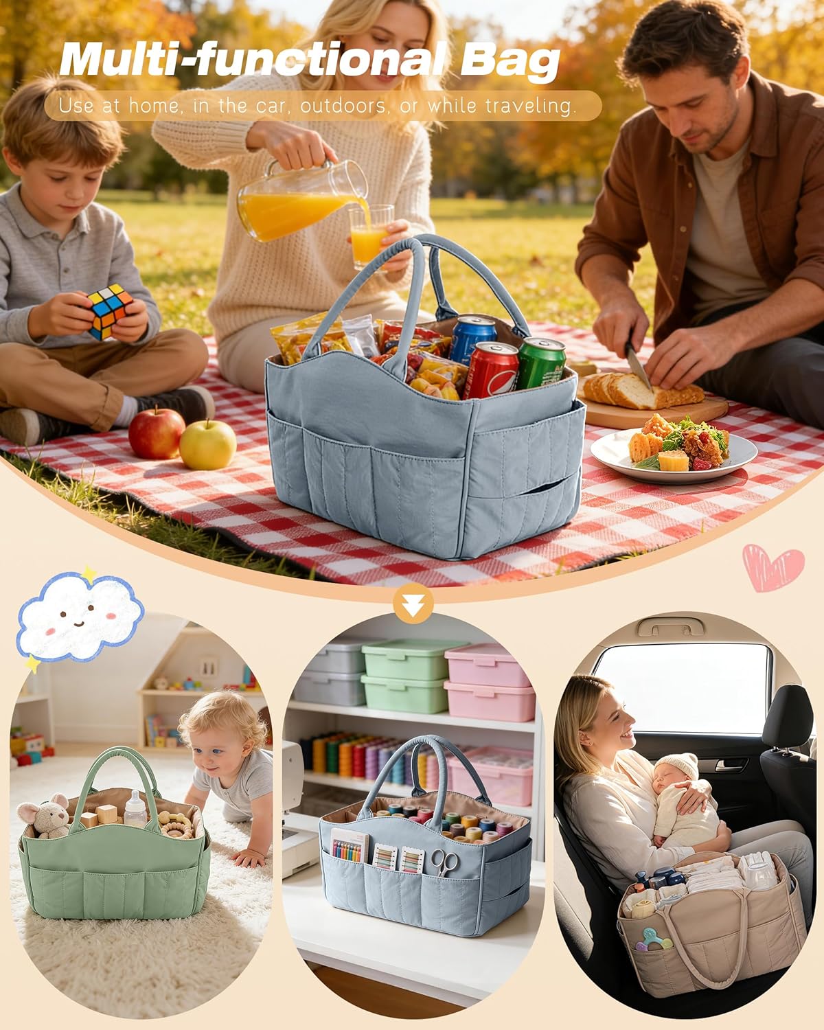 Marscamd Quilted Baby Diaper Caddy with Detachable Dividers and Wipes Pocket, Lightweight Baby Caddy Organizer with Handles and 8 Pockets for Baby Stuff, Dusty Blue