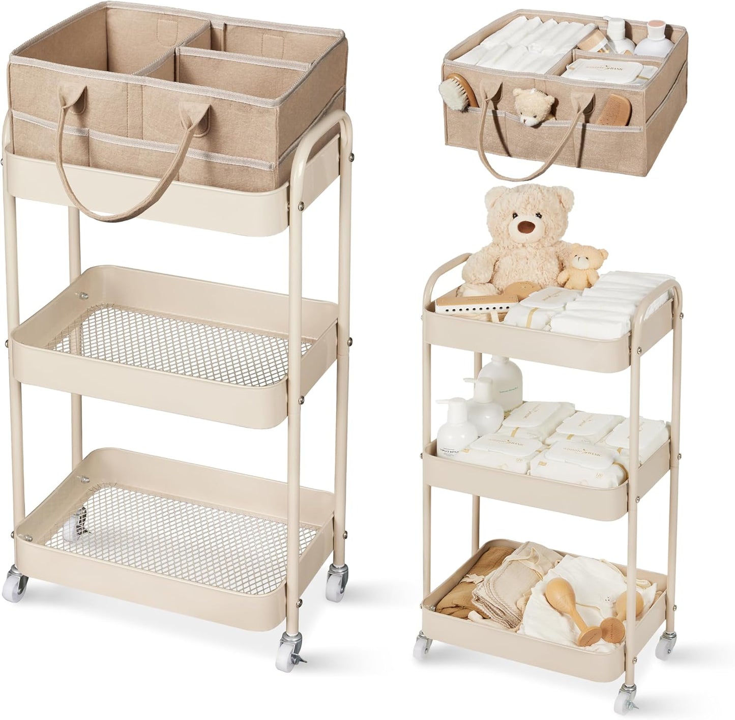 Fortella Baby Diaper Caddy, 3 Tier Rolling Storage Cart for Baby Essentials, Diaper Cart with Detachable Dividers, Storage Organizer & Baby Bottle Organizer for Bedroom, Living Room (Beige)