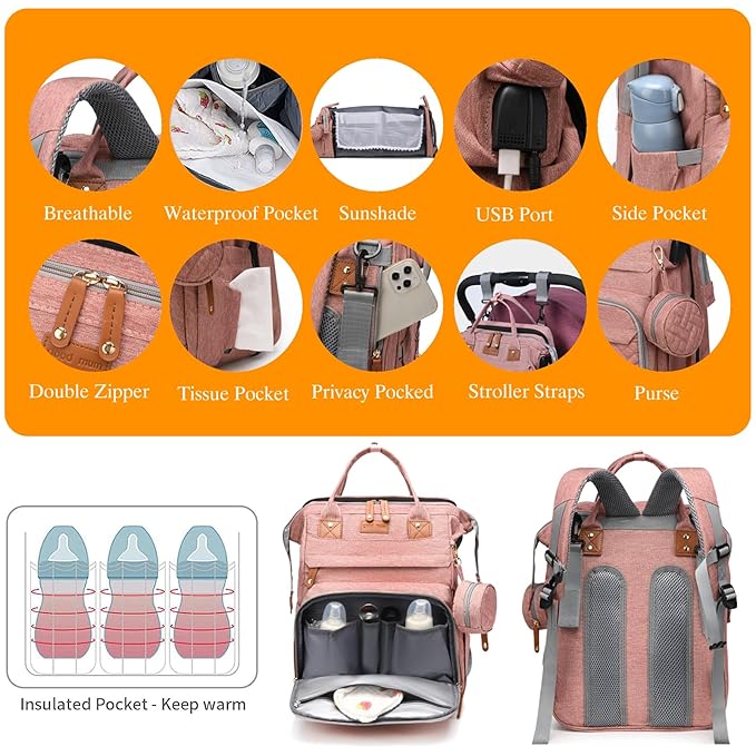 Astro alan Baby Diaper Bags with Changing Station, Waterproof Diaper Bag Backpack for Moms Dads with USB Charging Port, Baby Shower Gifts, Large Capacity diaper backpack, Pink