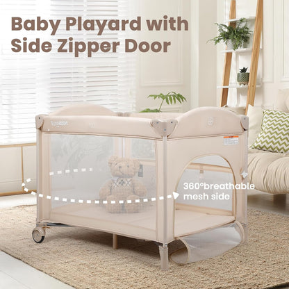 Rinnebbit Baby Bassinets Bedside Sleeper, 4 in 1 Portable Bedside Crib w/Mattress, Diaper Changer, Storage Basket, Music Box, Carry Bag, Foldable Playard Sleeper for Newborn (Light Gray)