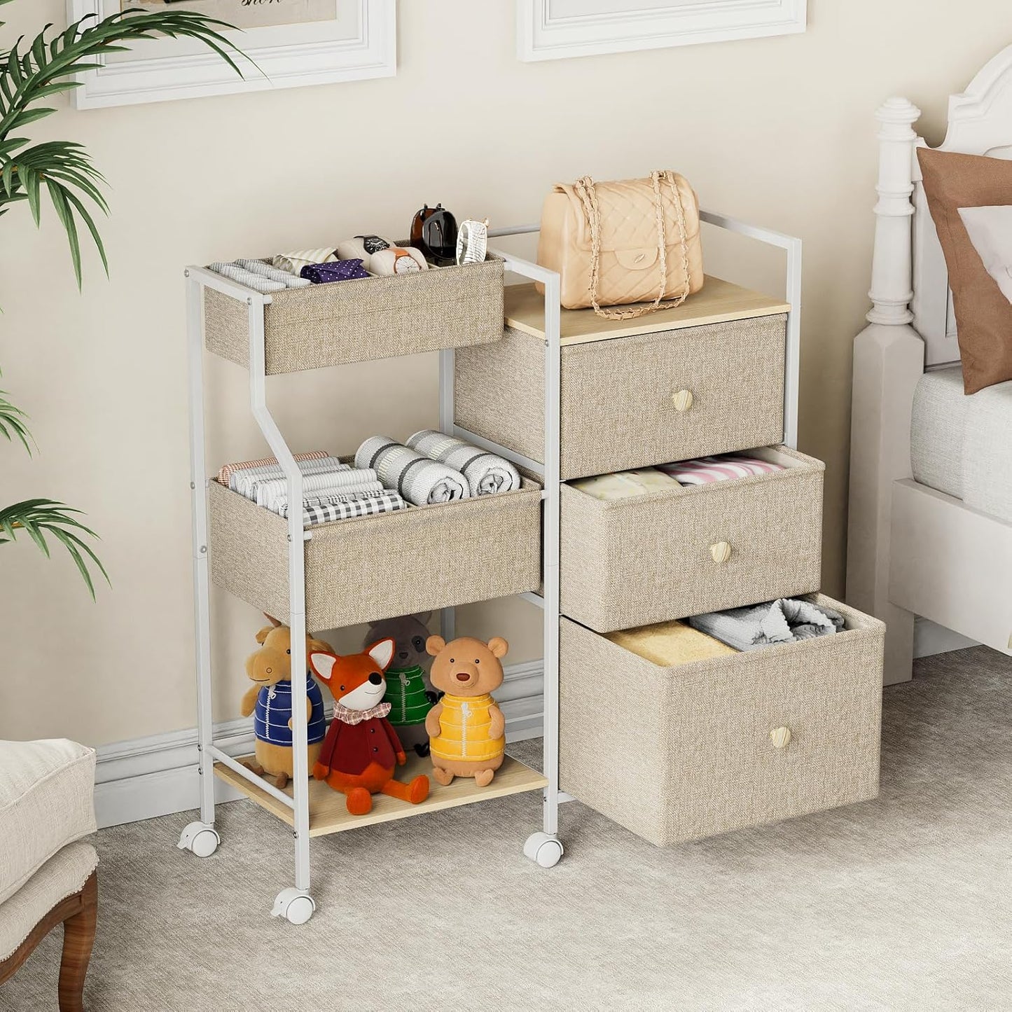 Modanais Baby Diaper Caddy Organizer Cart - 3 Tier Rolling Cart with Dividers and Drawers, Easy To Assemble, Mobile Utility Cart with Wheels for Nursery, Bedroom, Changing Table & Crib
