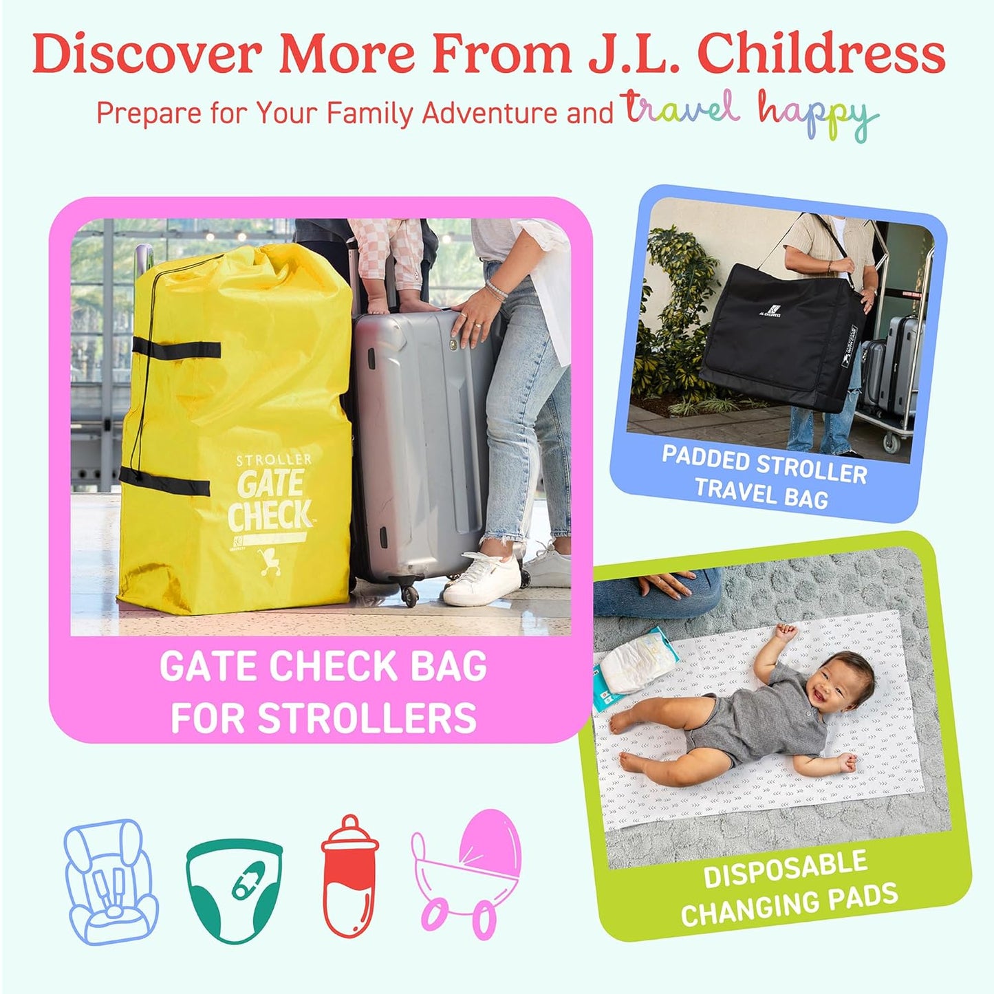 J.L. Childress Gate Check Travel Bag for Car Seats - Car Seat Travel Bag for Airplane, Includes AIRTAG Holder, Fits All Baby Carriers, Infant Carriers & Child Booster Seats - Neon Blue