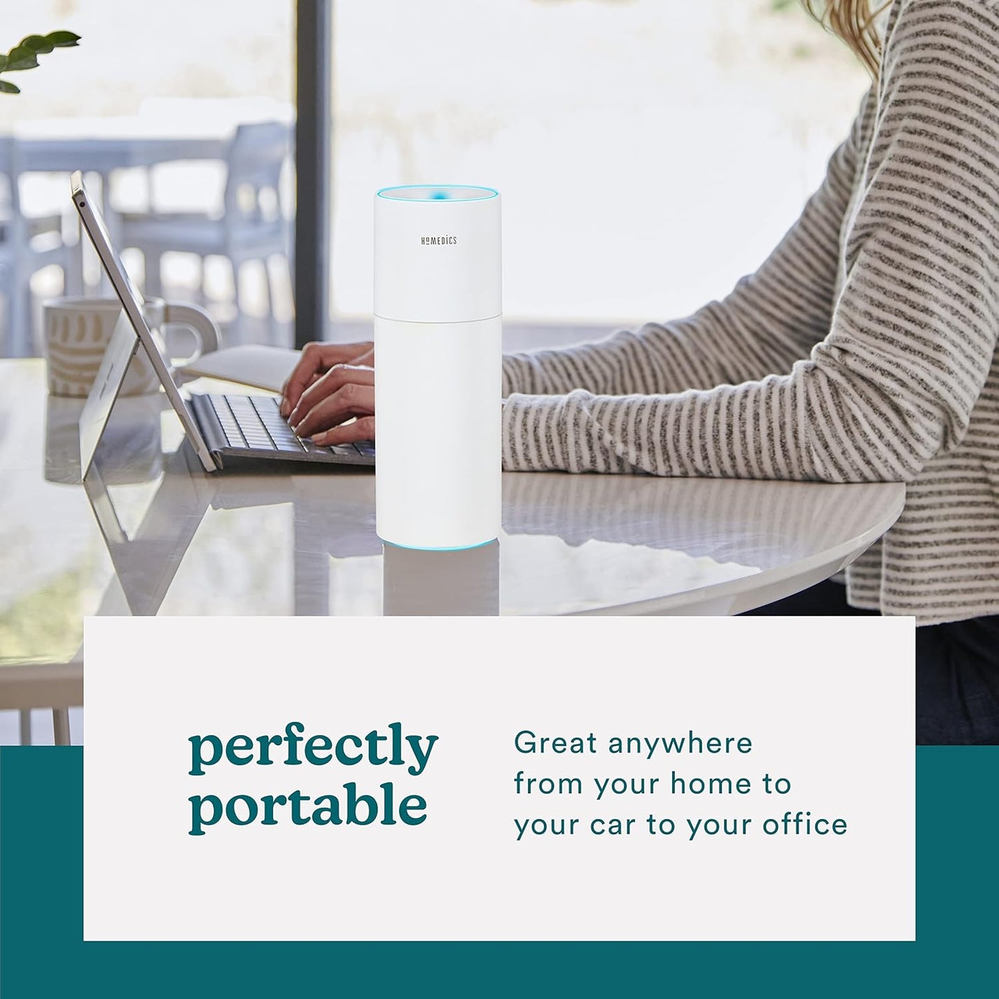 Homedics Portable Humidifier - Small Air Humidifiers for Bedroom, Plants, Office, Travel - Cool Mist Humidifiers, Color-Changing Accent Light, 2 Mist Settings, Matte White