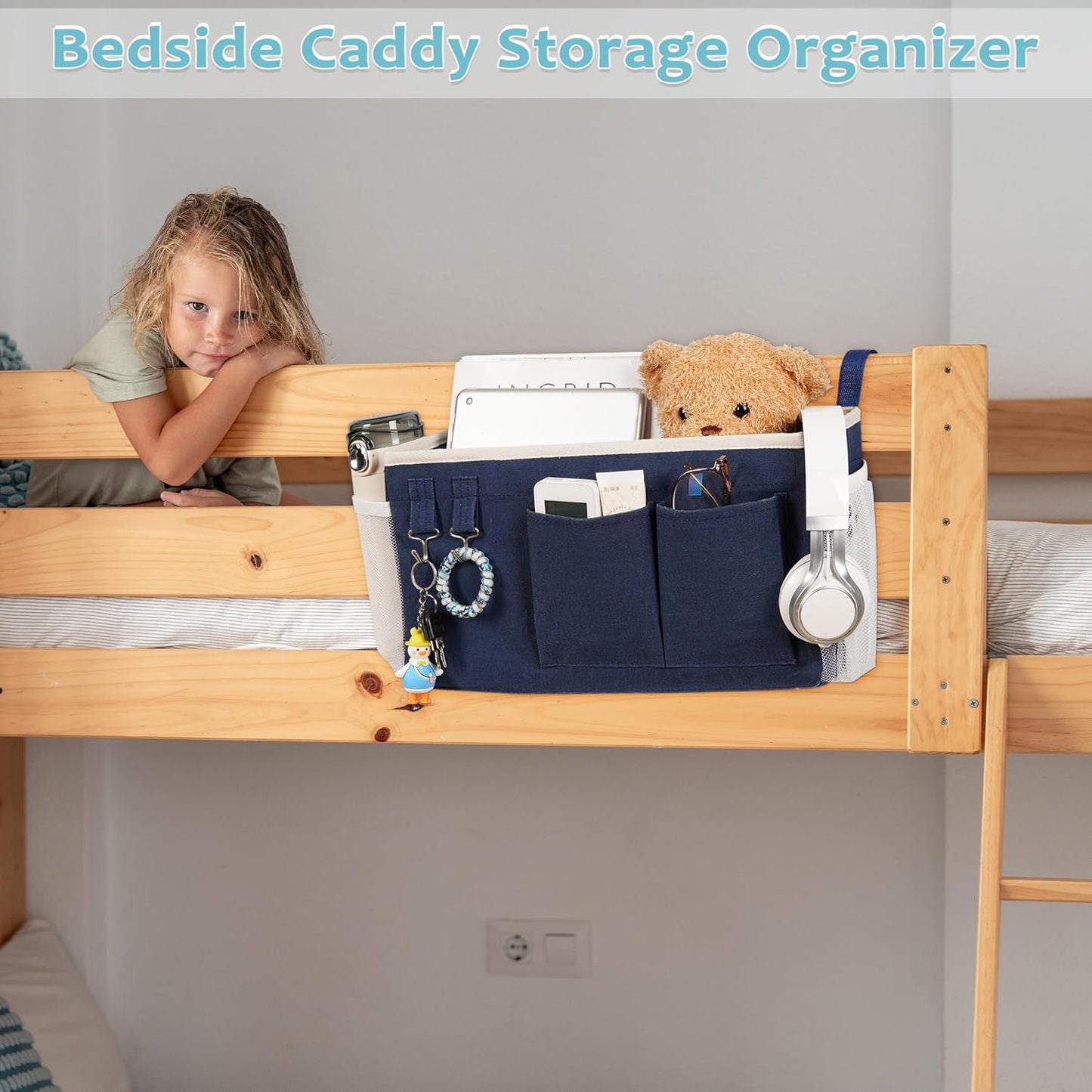 Loghot Bedside Caddy/Bedside Storage Bag Hanging Organizer for Bunk and Hospital Beds,Dorm Rooms Bed Rails,Can be Placed Glasses,Books,Mobile Phones,Keys (White)