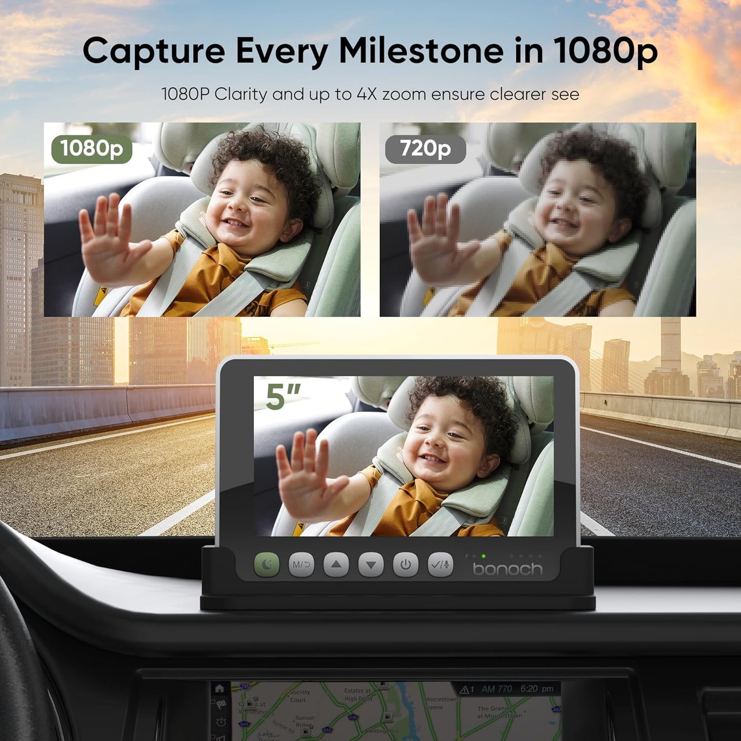 bonoch 5" 1440P Baby Car Camera, Clearest Monitor with 360° Rotating Wide View, Backseat Rear Facing Mirror for Baby, USB Powered with Charger, Easy Setup, Night Vision, Plug & Play Safe Driving