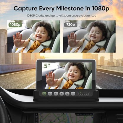 bonoch 5" 1440P Baby Car Camera, Clearest Monitor with 360° Rotating Wide View, Backseat Rear Facing Mirror for Baby, USB Powered with Charger, Easy Setup, Night Vision, Plug & Play Safe Driving