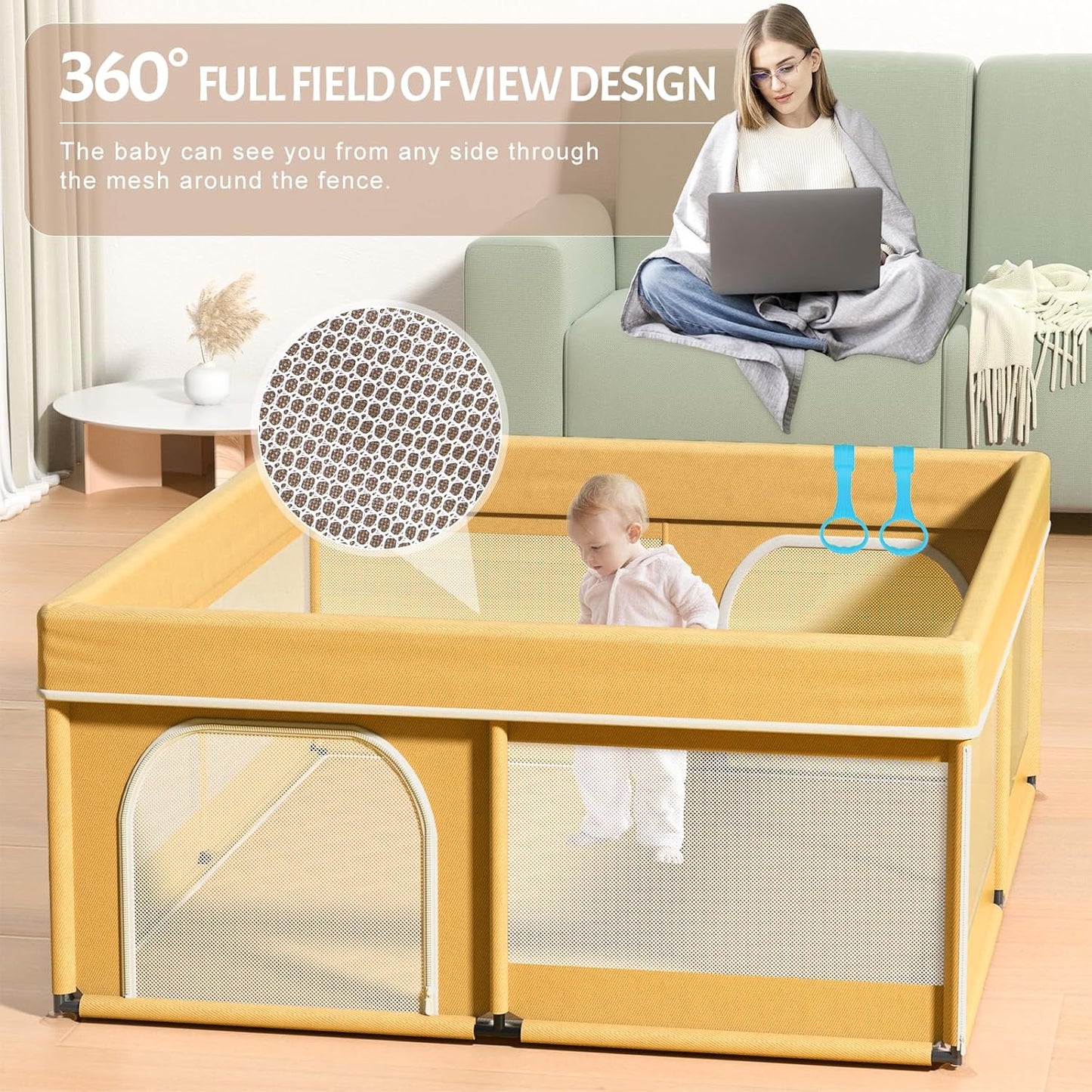 Omzer Baby Playpen with Mat 71"×59" - Extra Large Playpen for Babies and Toddlers with Mat Included, Safety Playard for Baby with Gate, All-Wrapped Soft Sponge Baby Gate Playpen with Stable Mat Velcro