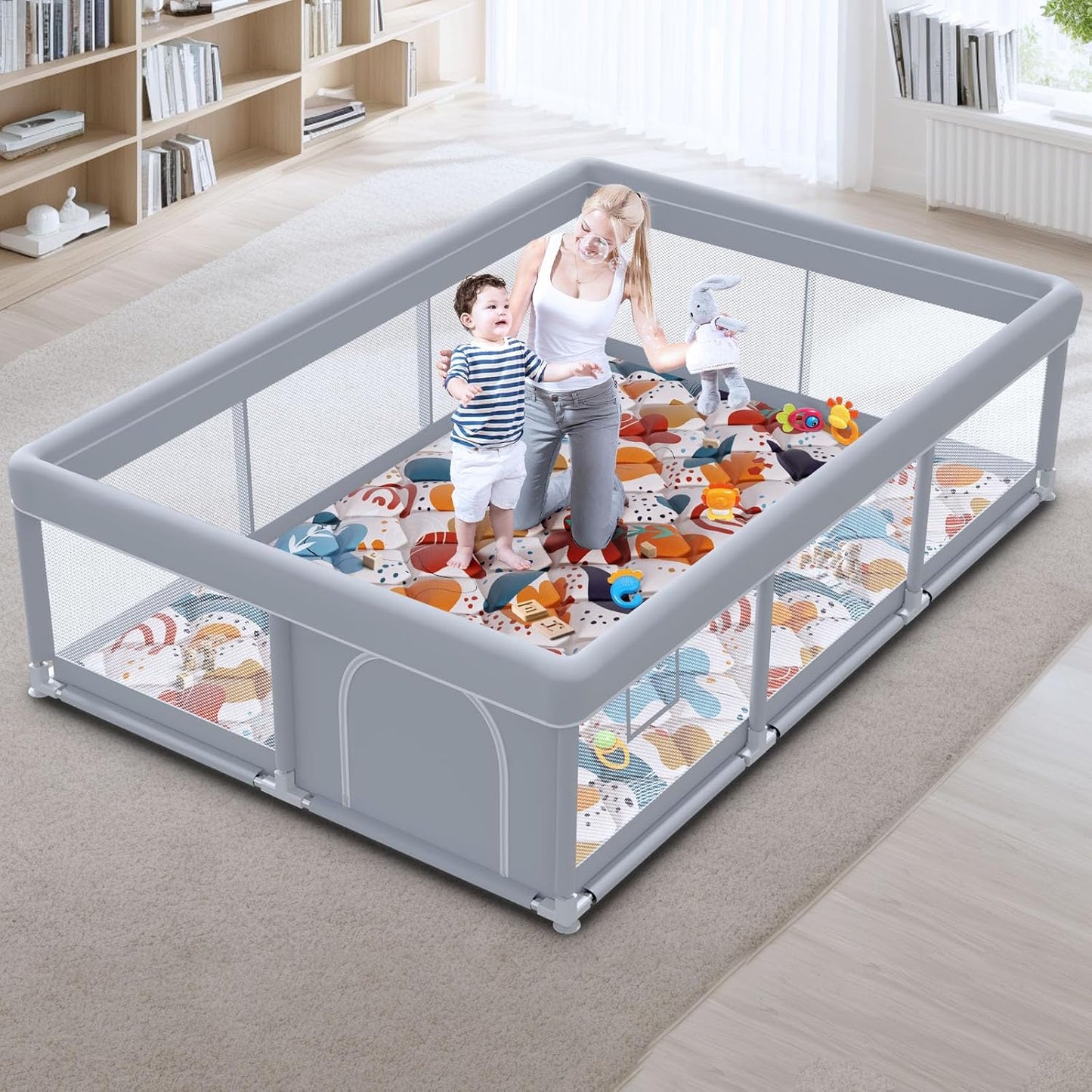 Baby Playpen with Mat 50x50 Inch, Play Pen for Babies and Toddlers with Gate, Baby Fence Sturdy Safety Playpen, Indoor & Outdoor Kids Activity Center