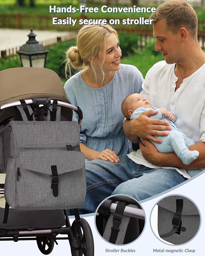 Baby Diaper Bag Backpack, 15 Pockets Newborn Baby Essential Travel bag, Multi Function Water Resistant Tote bag, Balancing Work and Life for Mon and Dad Grey