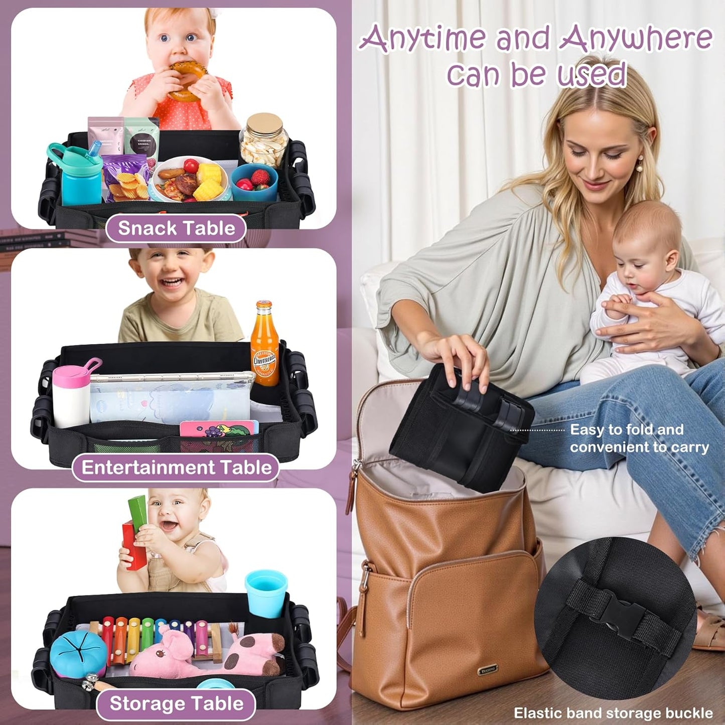 Babenest Stroller Snack Tray for Wonderfold Wagon W2, Foldable Thickened Snack Tray with Cup Holder, Storage Mesh Bag & Pen Slot, Easy to Clean Snack Board for Drawing