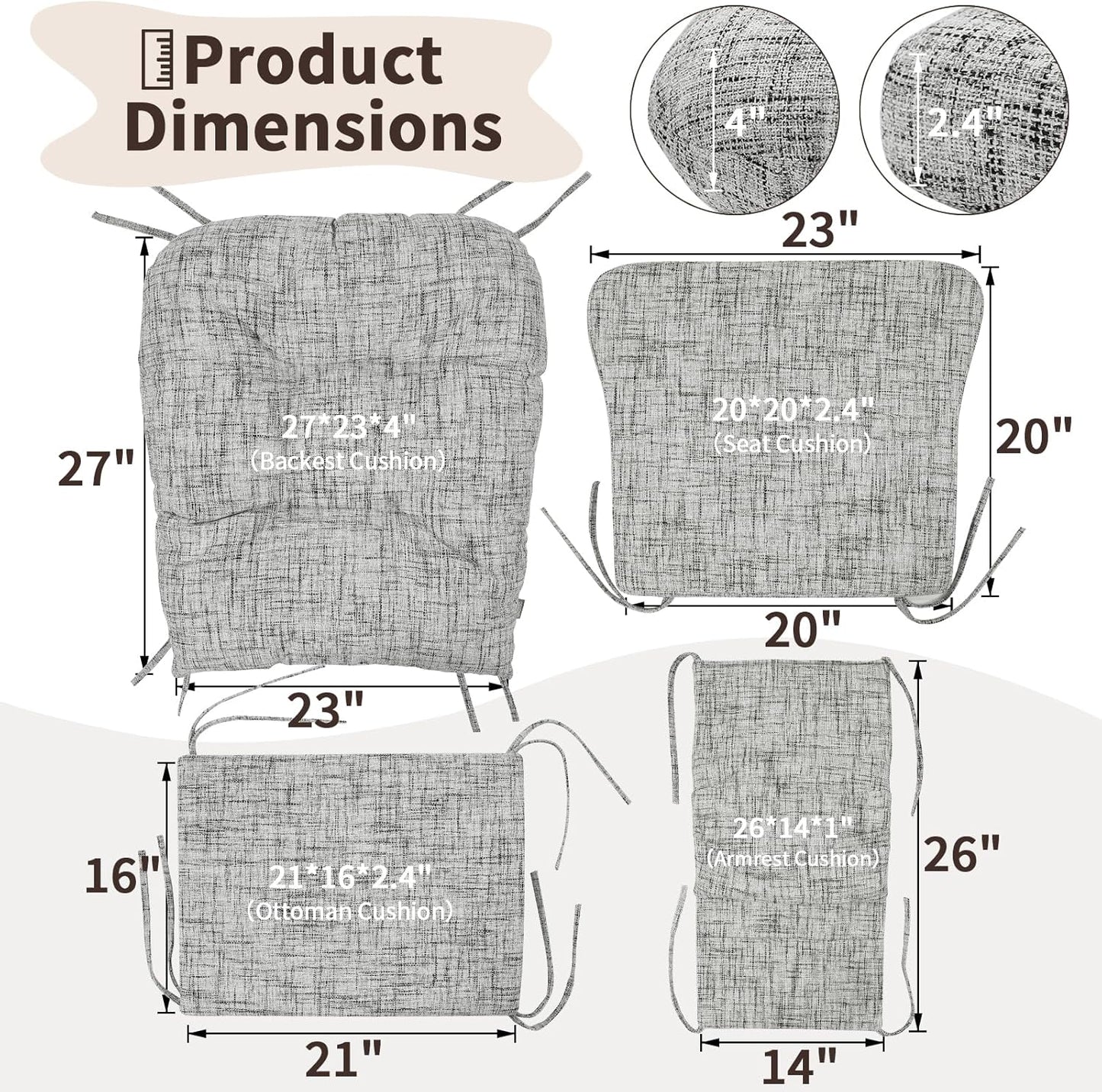 SINOSSO Glider Rocker Cushion Set (5 Pcs), Soft Blended Fabric High-Density Support Foam Seat Cushions with Ties, Fits Rocking Chair/Nursery Glider & Ottoman, Black-Gray