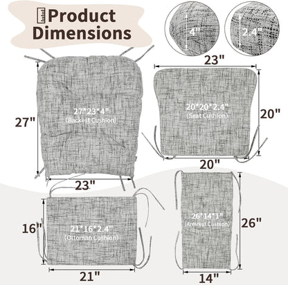 SINOSSO Glider Rocker Cushion Set (5 Pcs), Soft Blended Fabric High-Density Support Foam Seat Cushions with Ties, Fits Rocking Chair/Nursery Glider & Ottoman, Black-Gray