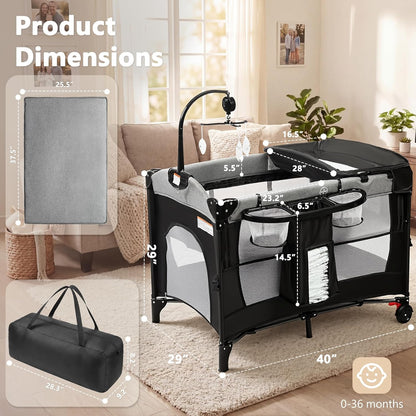 Kinder King 4 in 1 Portable Baby Playard, Foldable Baby Bedside Crib w/Bassinet, Infant Pack and Play Playard Toddler Large Playpen, Newborn Changing Table, Storage Basket, Grey