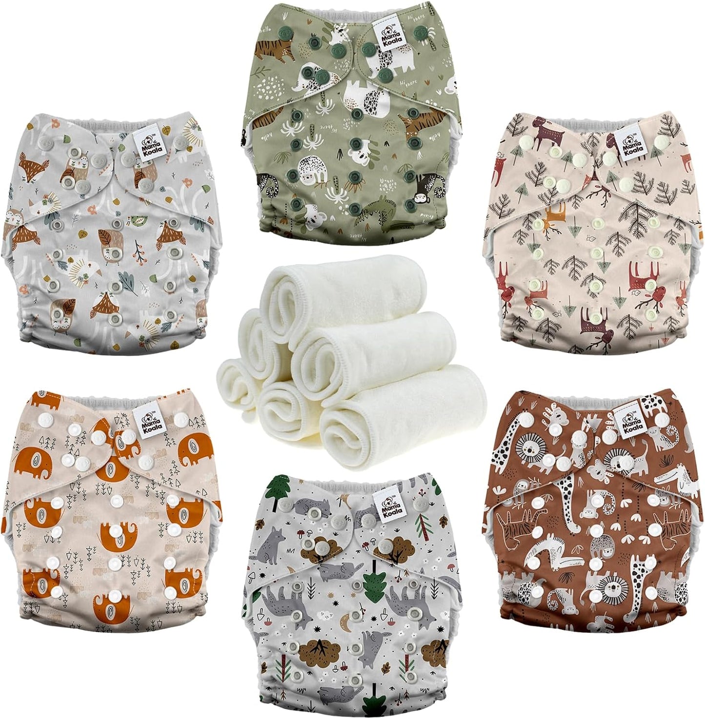 Mama Koala 3.0 Pocket Cloth Diapers for Babies with AWJ Lining, 6 Pack with 6 4-Layer Natural Cloth Diaper Inserts - Reusable and Washable Pocket Diapers(Hardworking Bees) - Colors B