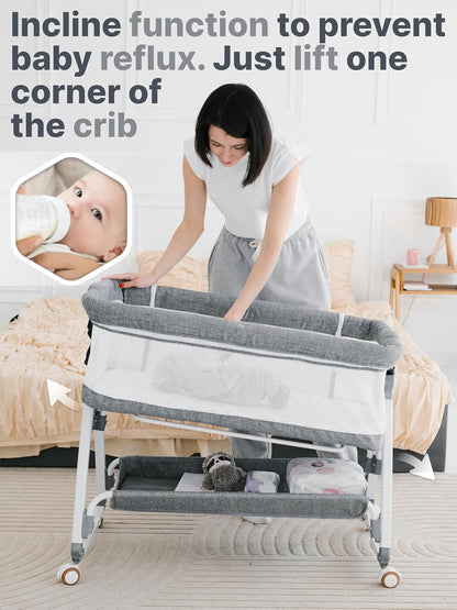 Earth&ME Baby Bassinet Bedside Sleeper with Rocking - All Mesh Portable Bedside Crib for Safe Co-Sleeping, Storage Basket and Wheels, Adjustable Height, Includes Travel Bag, Mosquito Net (Whate, Grey)