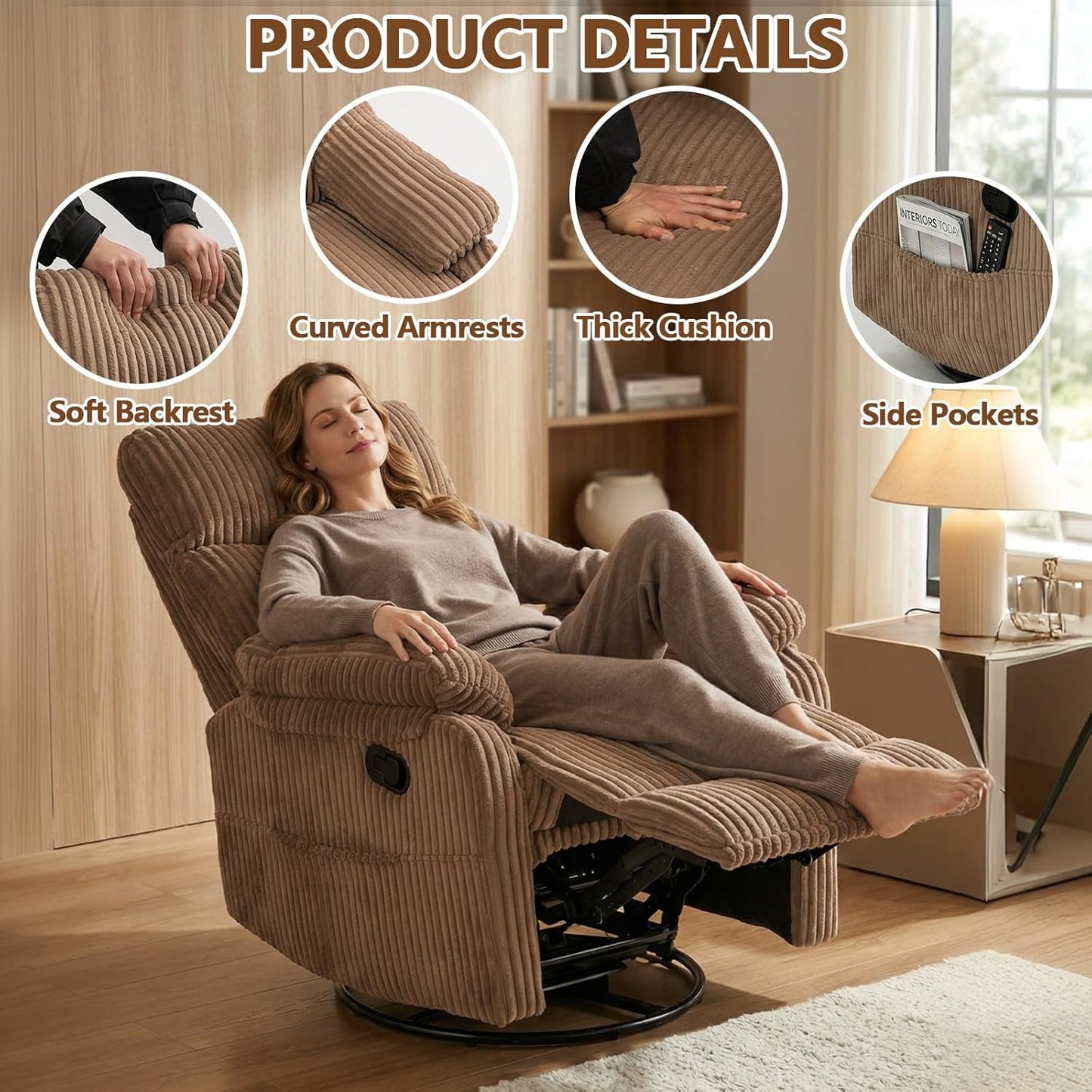 Manual Small Recliner Rocking Chair for Nursery/Relaxation, Corduroy Swivel Glider Recliner for Living Room Bedroom, Brown Rocking Chair Nursery Recliners for Small Spaces, Side Pockets (Brown)
