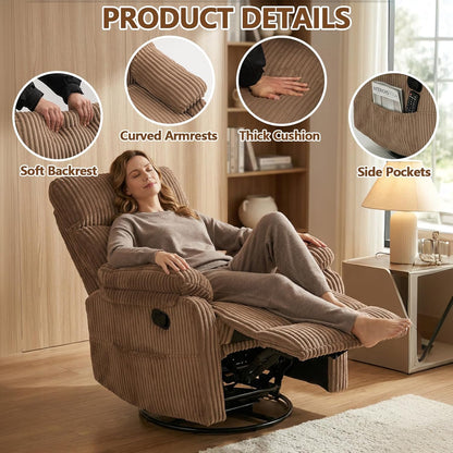 Manual Small Recliner Rocking Chair for Nursery/Relaxation, Corduroy Swivel Glider Recliner for Living Room Bedroom, Brown Rocking Chair Nursery Recliners for Small Spaces, Side Pockets (Brown)