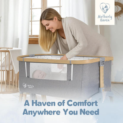 Motherly Haven Baby Bassinet Bedside Sleeper, Portable Crib for Newborns, Adjustable 7-Height Auto-Lock, with Wheels, Soft Mattress & Breathable Mesh (Light Grey)