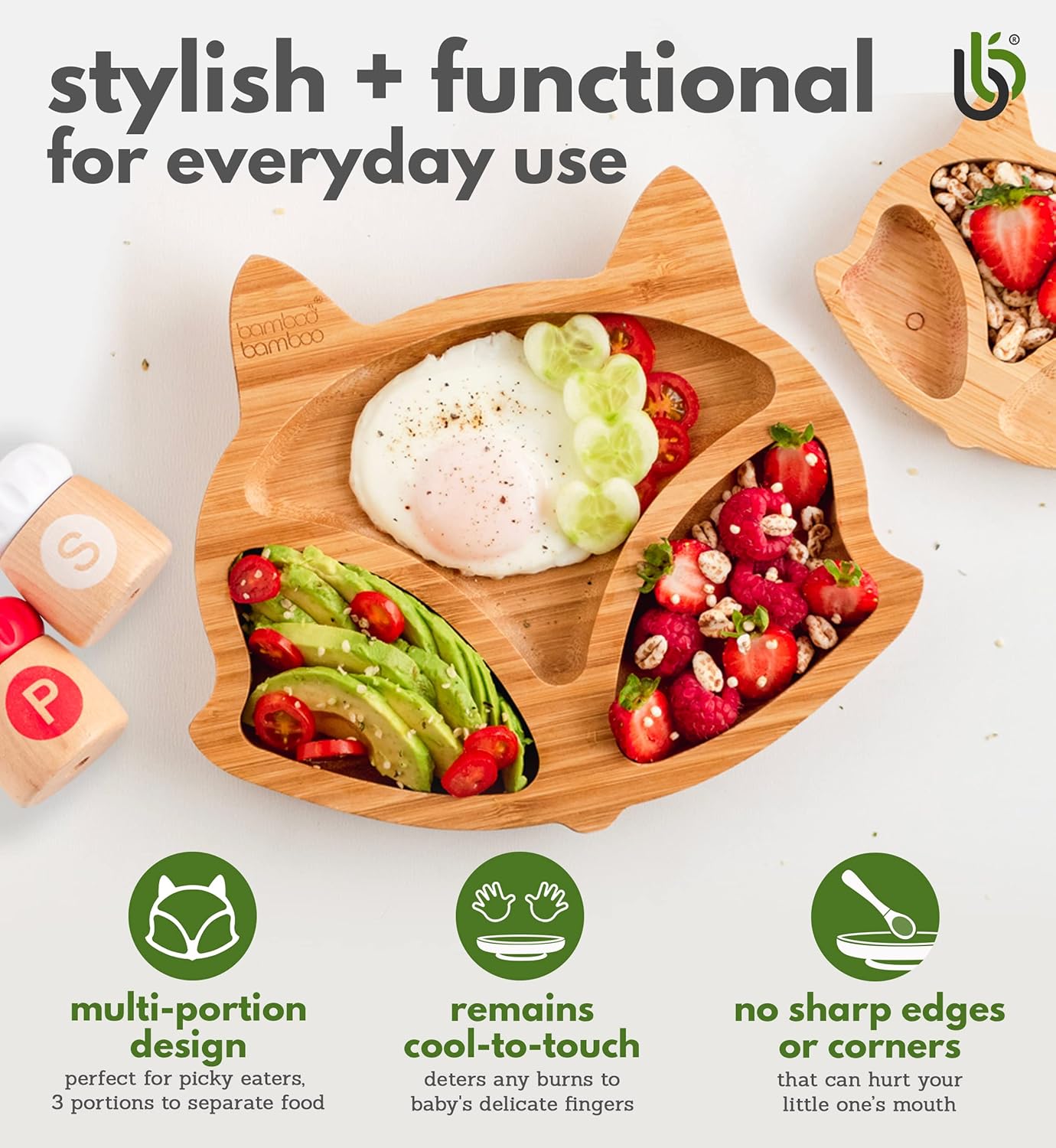 bamboo bamboo Baby and Toddler Plate for Feeding and Weaning, Bamboo Fox Plate with Secure Suction Cup for Babies from 6 Months (Fox, Pink)