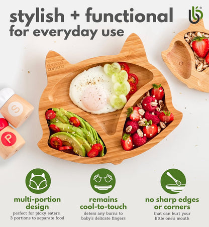 bamboo bamboo Baby and Toddler Plate for Feeding and Weaning, Bamboo Fox Plate with Secure Suction Cup for Babies from 6 Months (Fox, Pink)
