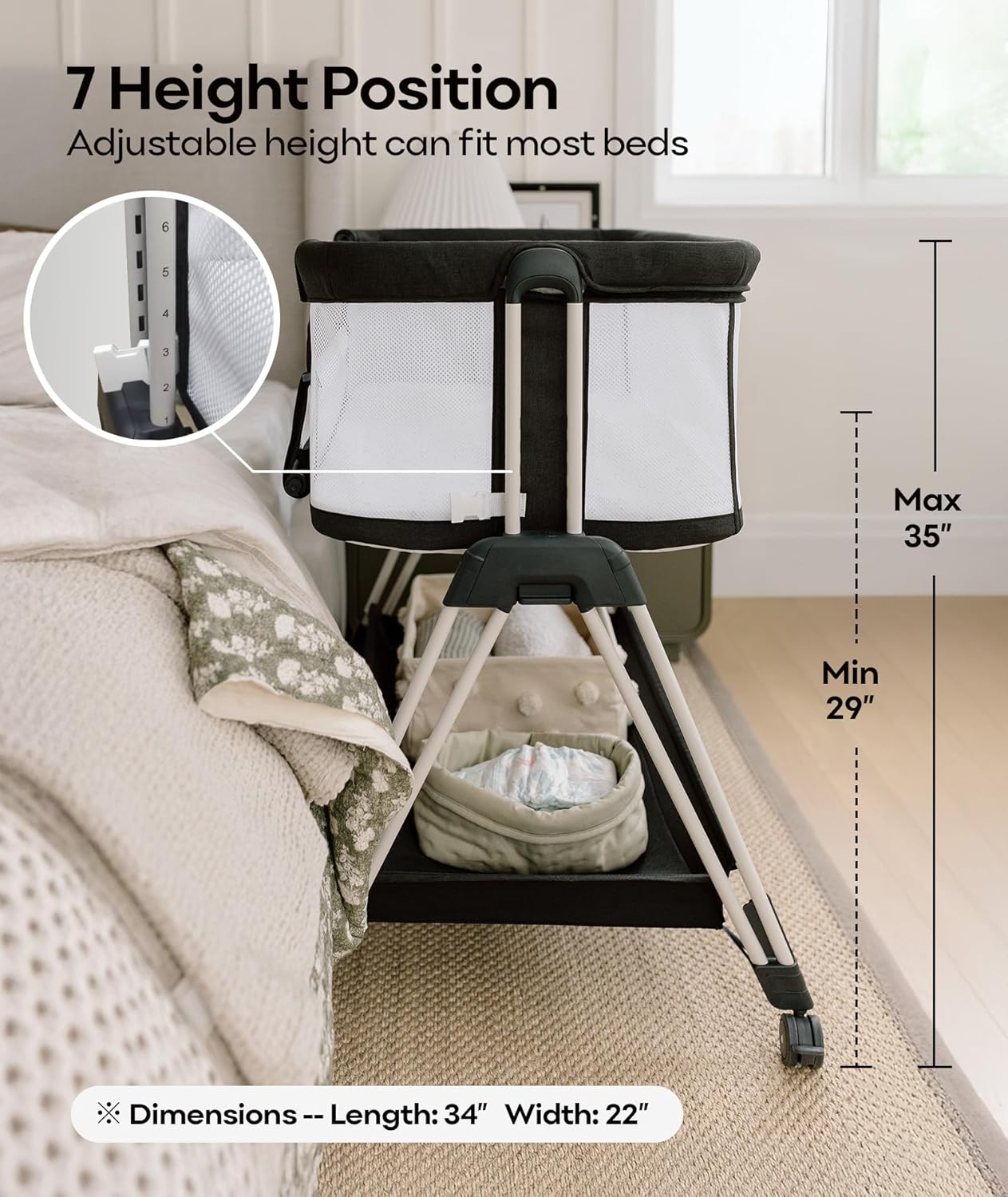 Fodoss Baby Bassinets Bedside Sleeper - 3-in-1 Baby Bassinet with Wheels, Soft Mattress, Storage Tray, Full-Mesh Sides, 7-Height Adjustable Crib for Newborns