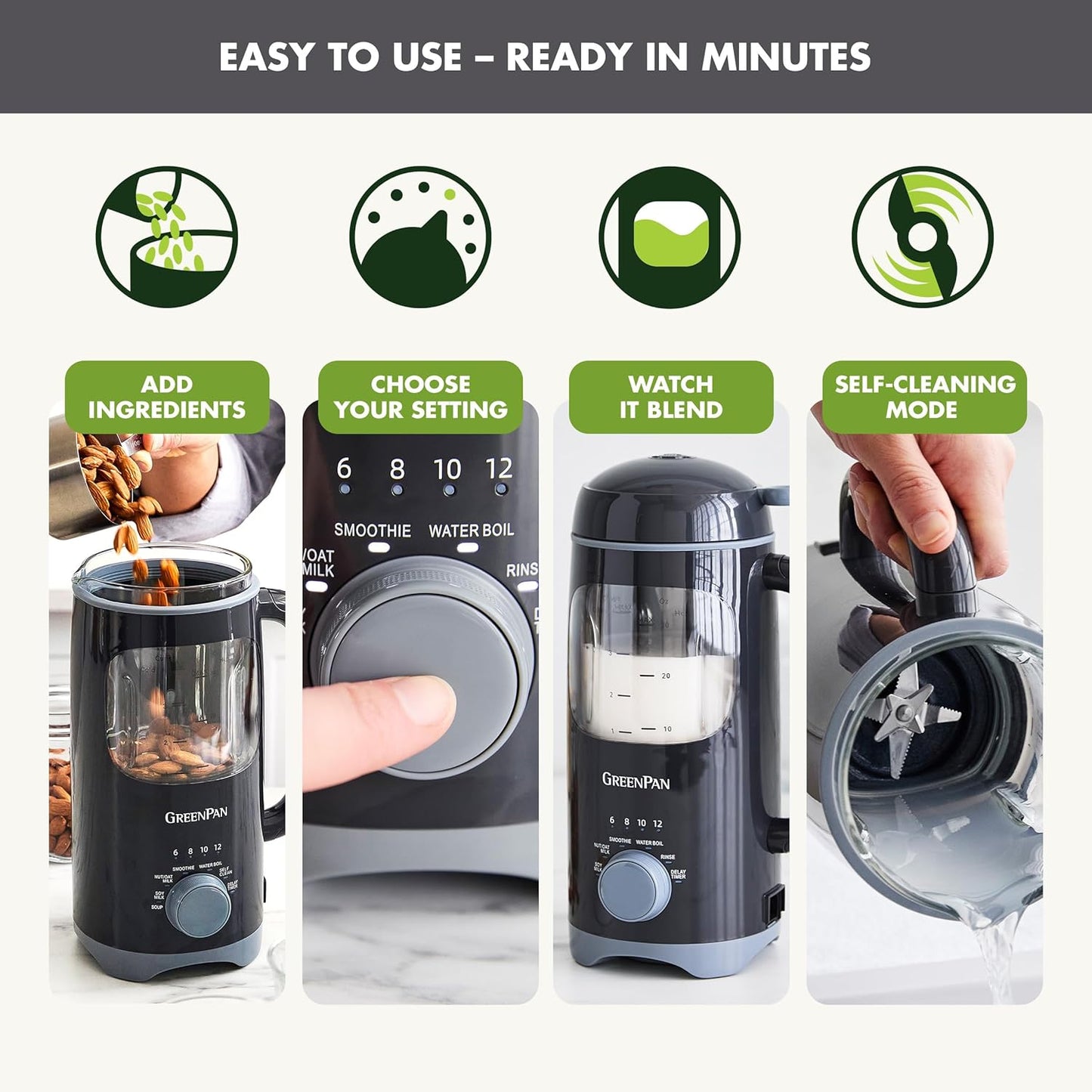 GreenPan 30oz Nut Milk Maker Machine, 15-in-1 for Homemade Almond, Oat, Soy, Coconut, Plant-Based Non-Dairy Beverages, Soups, BPA-Free Glass, Automatic Self-Clean, Delay Start, Pink