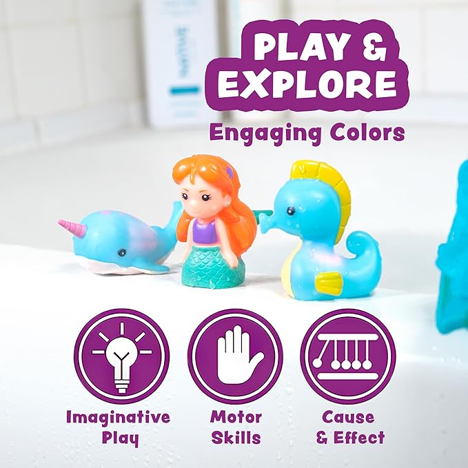 Tub Works® Mermaid Lagoon™ Light Up Bath Toys, 6 Pack | Water-Activated Light Up Toys Flash & Change Color | Easy-Grip Baby Girl & Toddler Bath Toys | Sensory Mermaid Toy Bathtub Toys with Bath Lights