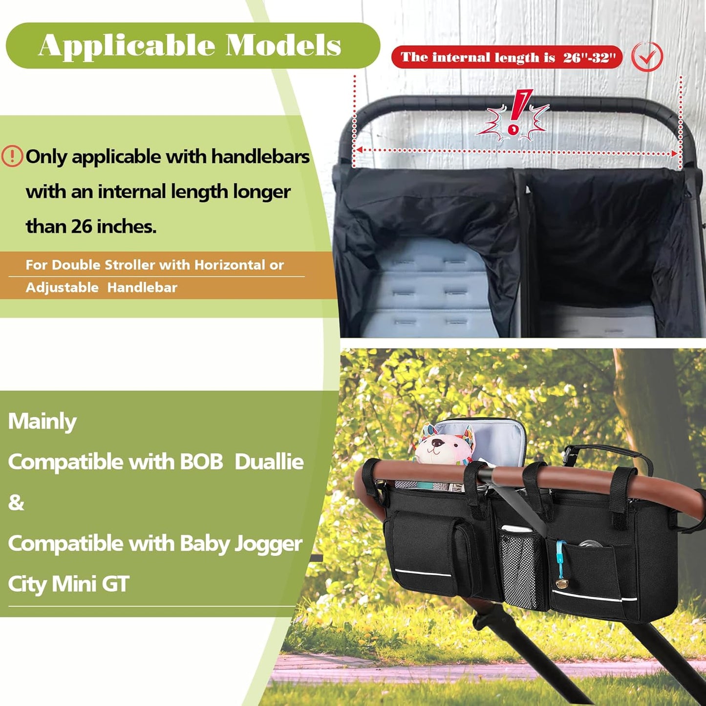 HODRANT Double Stroller Organizer Compatible with BOB Duallie & Compatible with Baby Jogger City Mini GT2 Stroller, Double Stroller Parent Console with Detachable Cooler & Cup Holder, Patent Pending