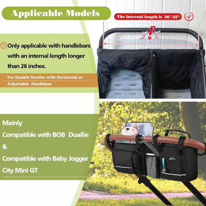HODRANT Double Stroller Organizer Compatible with BOB Duallie & Compatible with Baby Jogger City Mini GT2 Stroller, Double Stroller Parent Console with Detachable Cooler & Cup Holder, Patent Pending